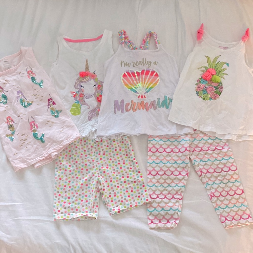 Summer sets! Girls unicorn mermaid shorts capri and tank tops lot - size 5/6
